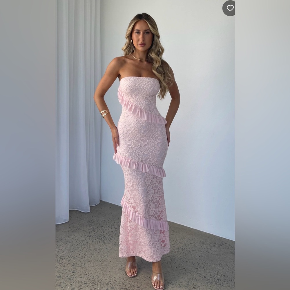 White Fox Boutique Pink Strapless Lace Maxi Dress XS